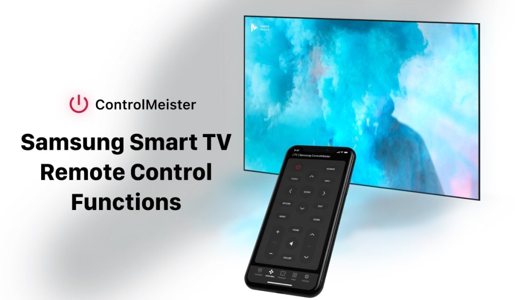 A featured image with a ControlMeister app on iPhone and a Smart TV. The header says "Samsung Smart TV Remote Control Functions"