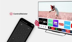 ControlMeister interface on an iPhone, ControlMeister logo and a Samsung Smart TV with app icons and a background image