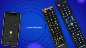 ControlMeister banner with an iPhone with ControlMeisteron the screen. To the right are two Samsung remotes
