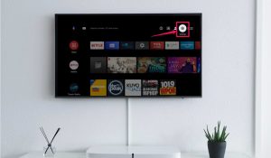A hanging Samsung Smart TV with app icons on the screen