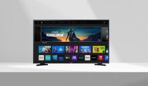 A Smart TV with Disney Plus The Mandalorian interface on the screen