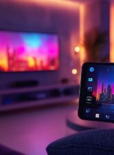 A white person holding an Android phone in a modern living room with a Roku TV on the background